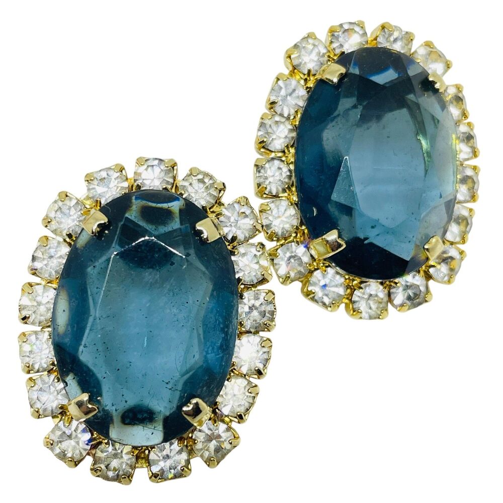 Vintage gold tone huge sapphire glass designer pierced earrings